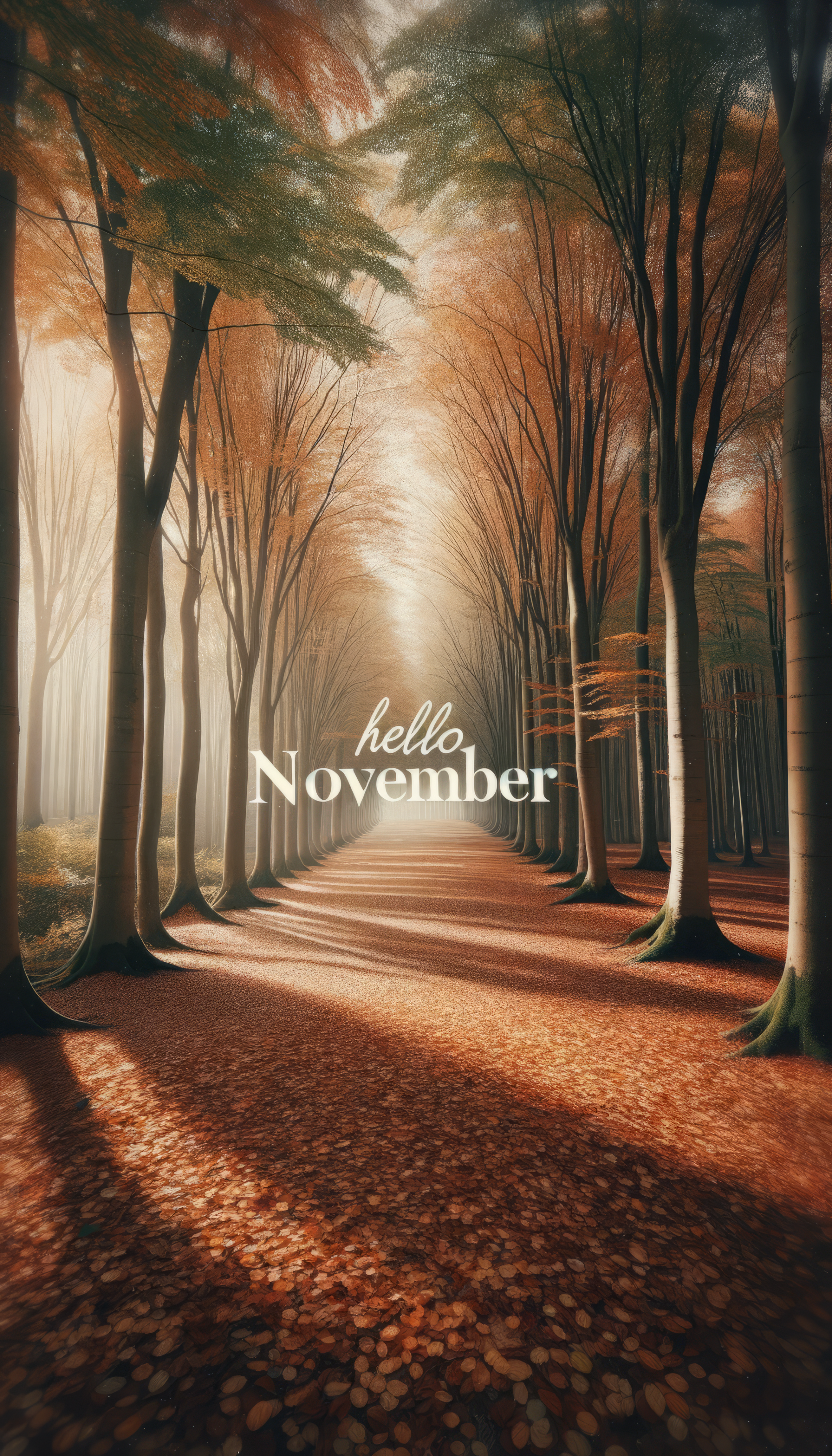 Autumn forest scene with 'Hello November' text for phone wallpaper