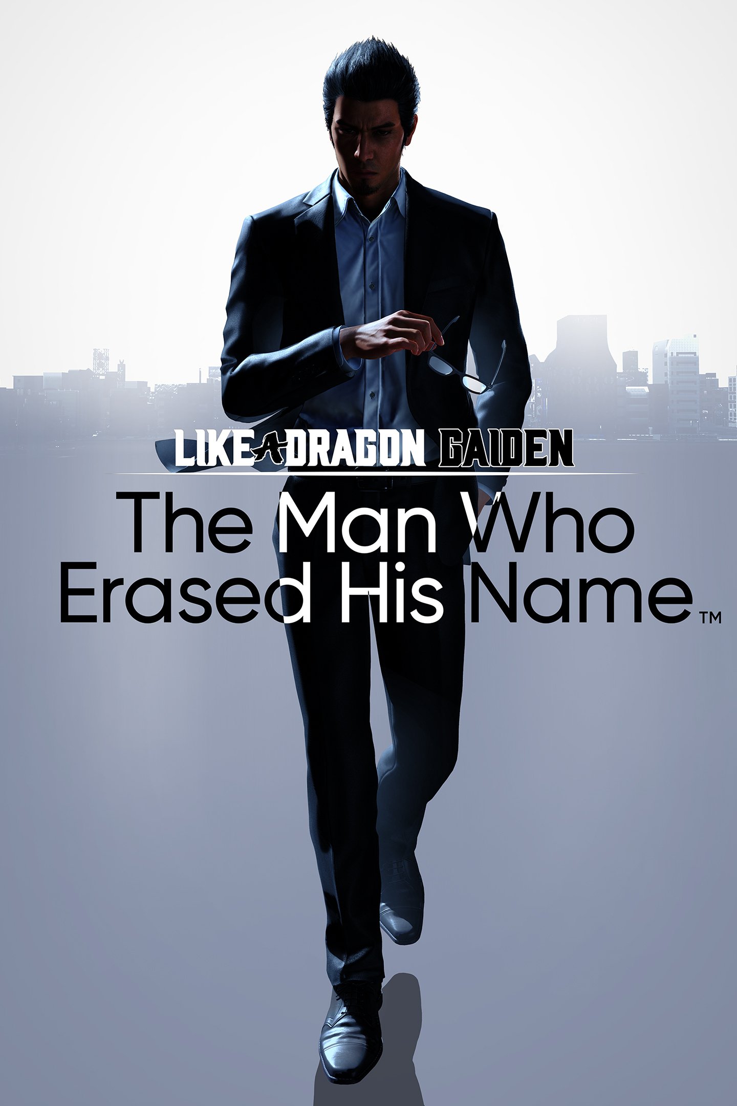Like a Dragon Gaiden: The Man Who Erased His Name promotional phone wallpaper featuring a silhouetted man in a suit.