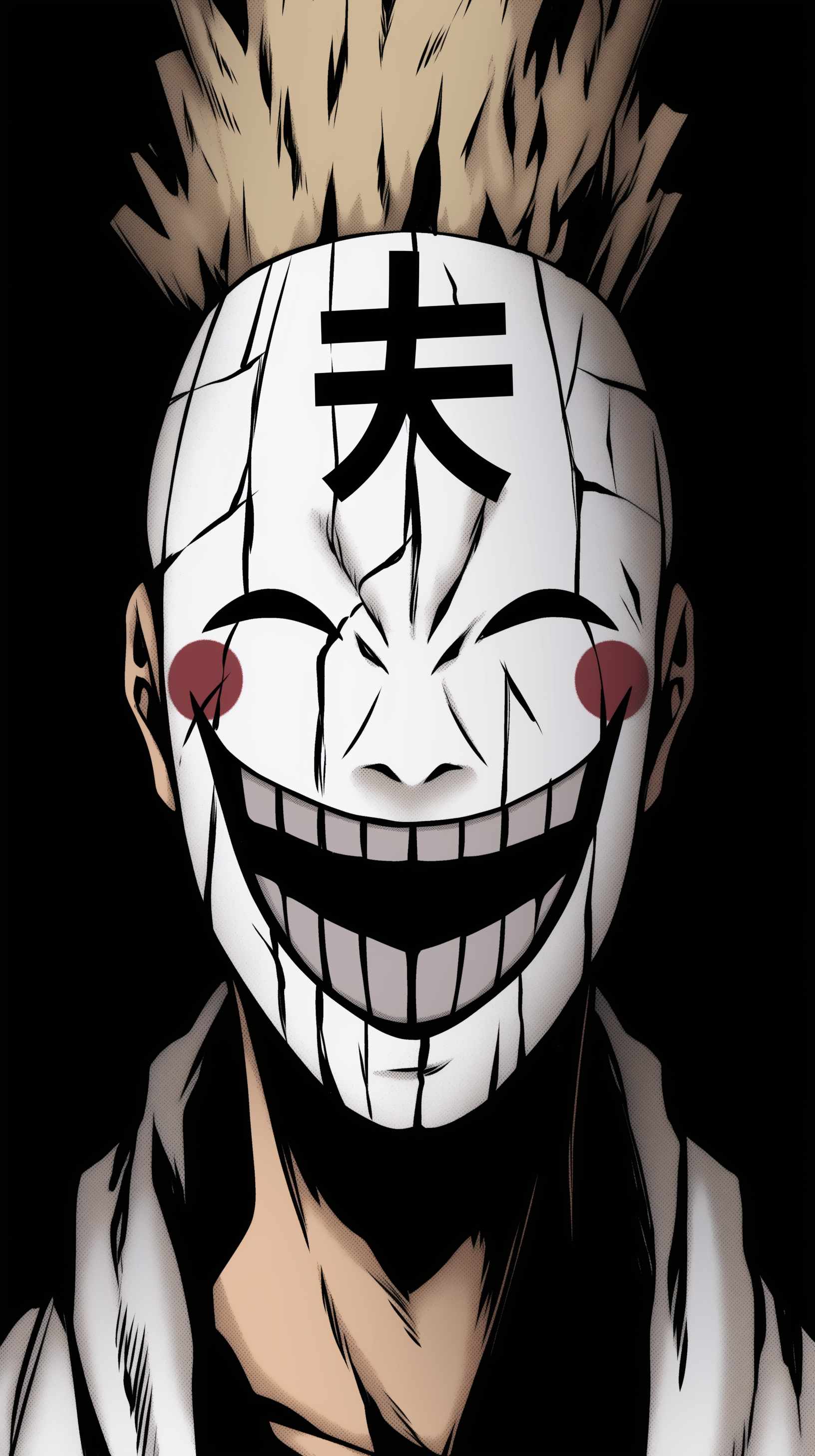 A captivating fantasy-themed phone wallpaper featuring a man wearing a striking Japanese mask with a wide, grinning expression and distinctive red cheek markings.