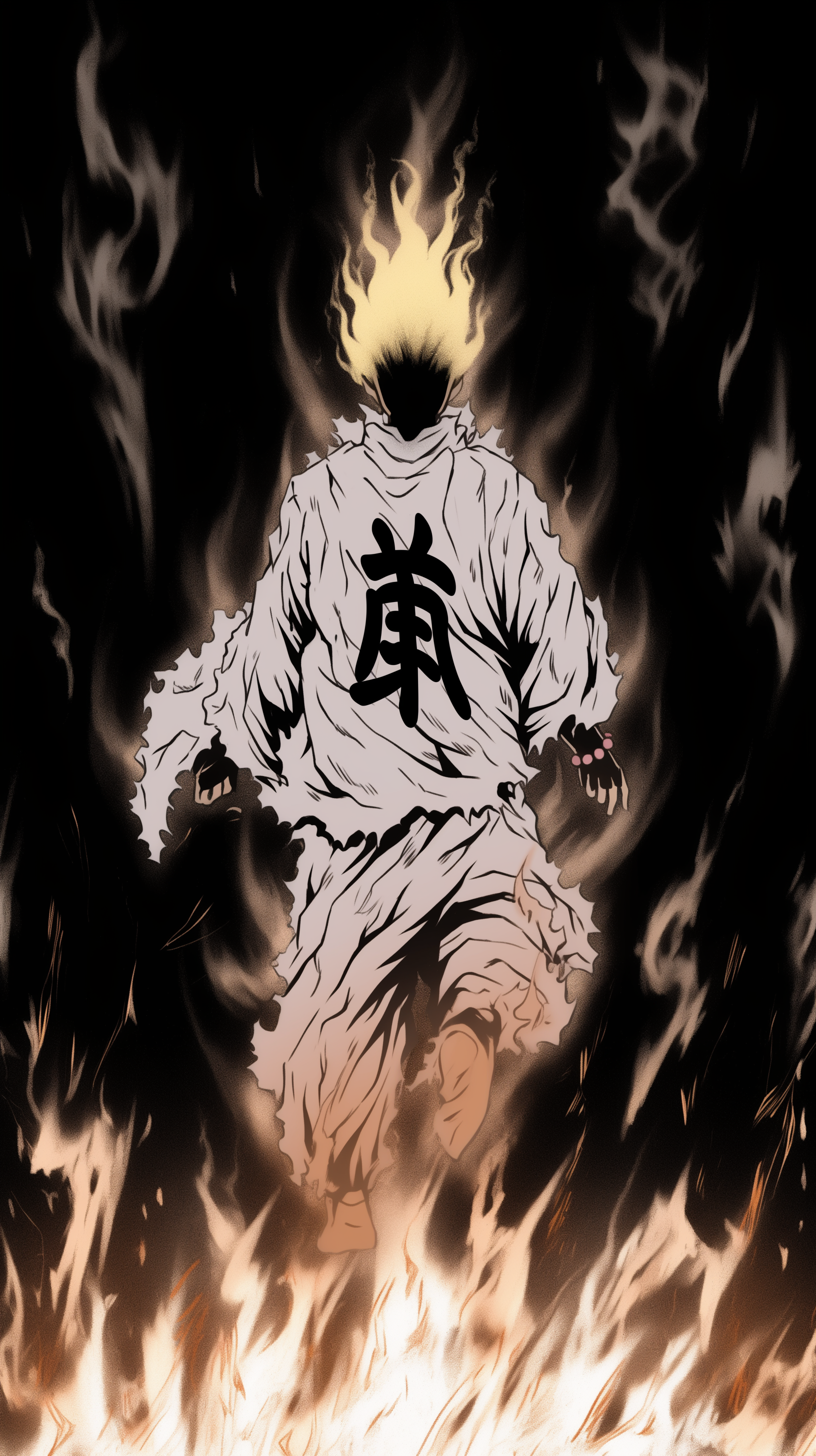 A striking phone wallpaper featuring a mysterious figure engulfed in flames, embodying fire and fantasy, evoking the presence of powerful gods.