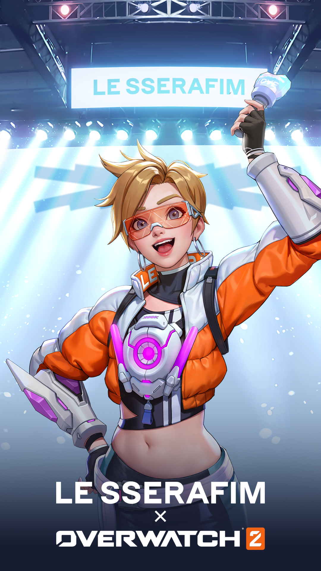 A vibrant phone wallpaper featuring Tracer from Overwatch 2, showcasing her energetic pose against a backdrop that highlights LE SSERAFIM.