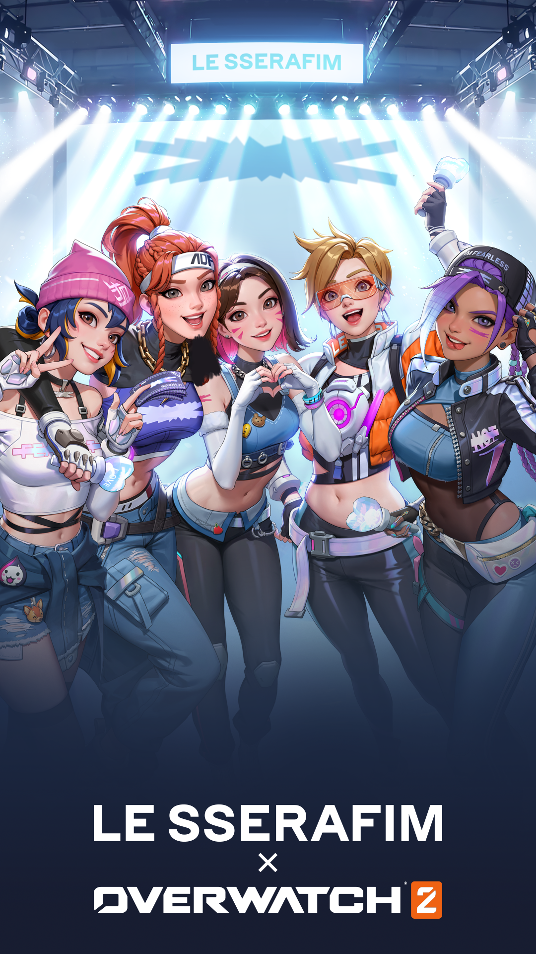 Overwatch 2 themed phone wallpaper featuring vibrant animated characters with 'LE SSERAFIM x OVERWATCH 2' text.
