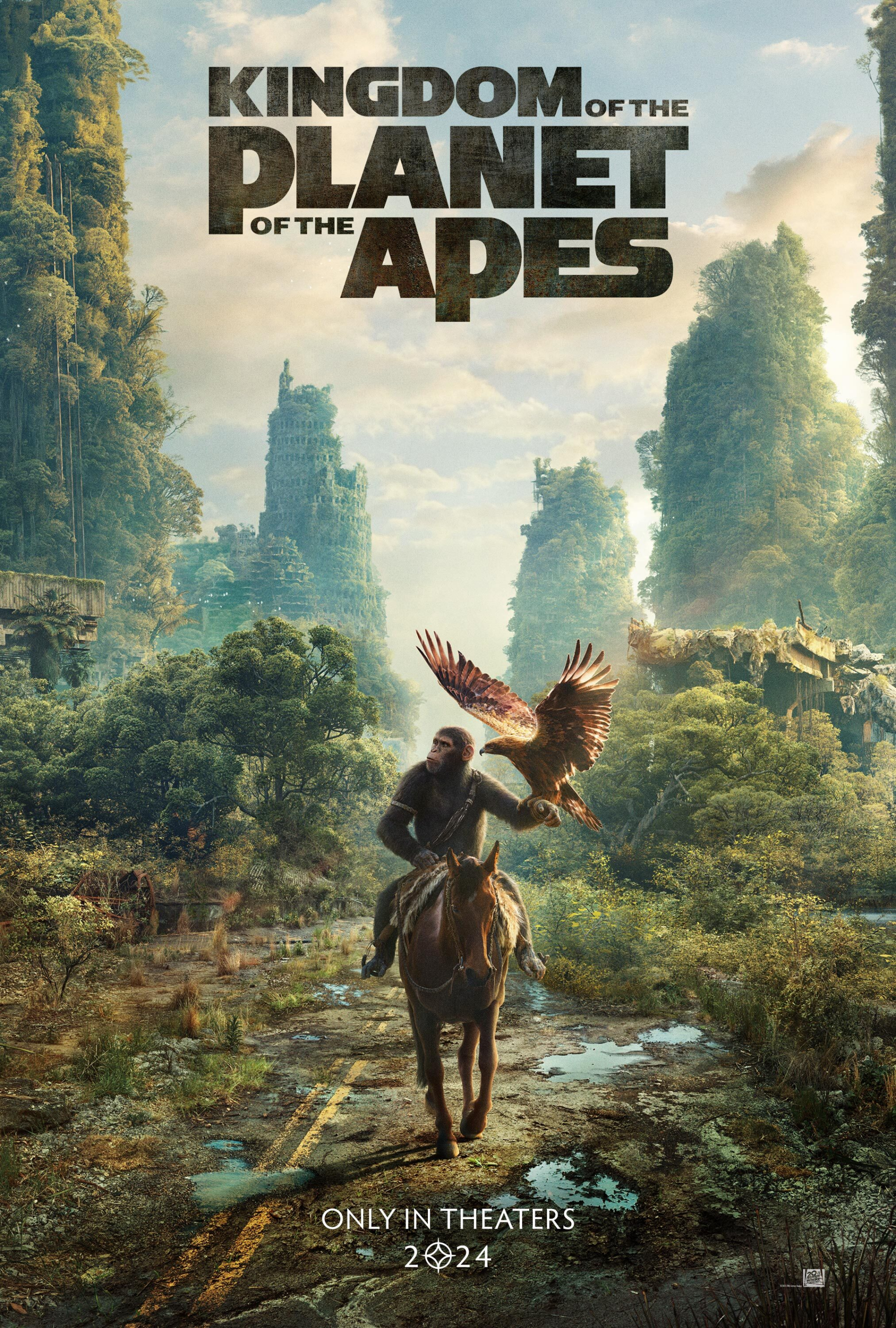 Kingdom of the Planet of the Apes movie wallpaper featuring an ape on horseback in a lush forest landscape with a bird flying nearby, available in theaters in 2024.