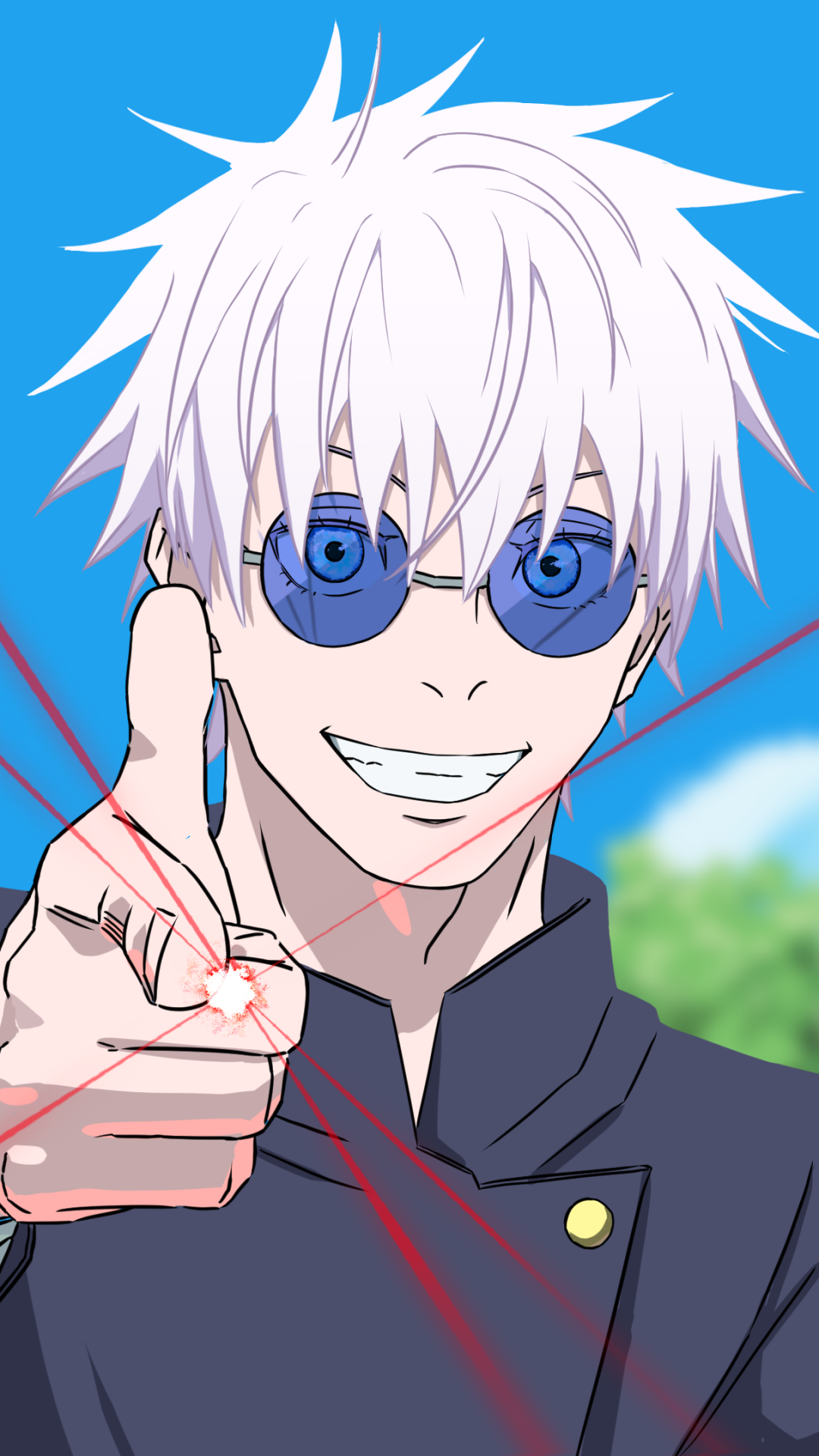 Phone wallpaper of Satoru Gojo from Jujutsu Kaisen anime, featuring him with white hair, blue-tinted glasses, and a confident smile against a bright blue sky background.
