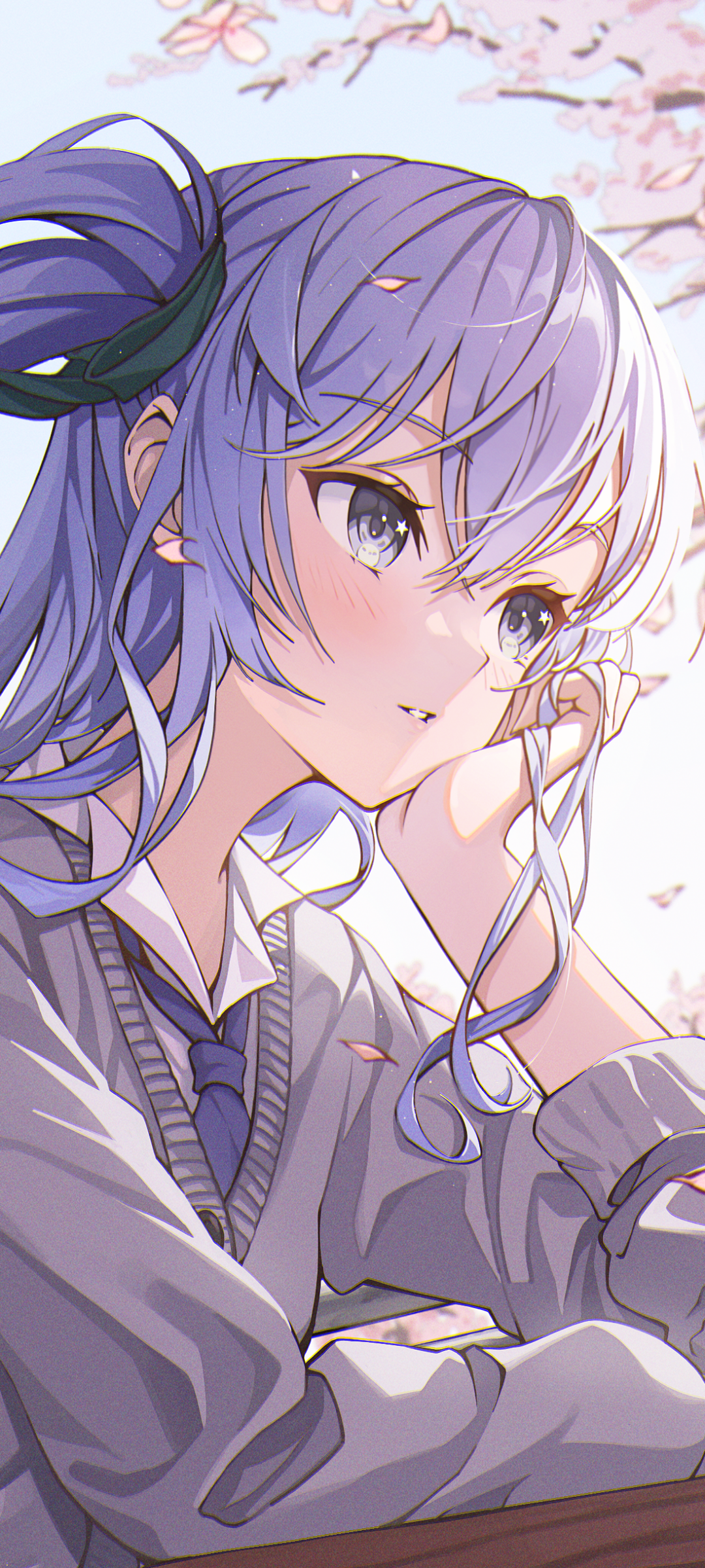 Anime-style wallpaper of Hoshimachi Suisei, the Virtual Youtuber, with soft purple hair and a serene expression under cherry blossoms, designed for iPhone and Android screens.