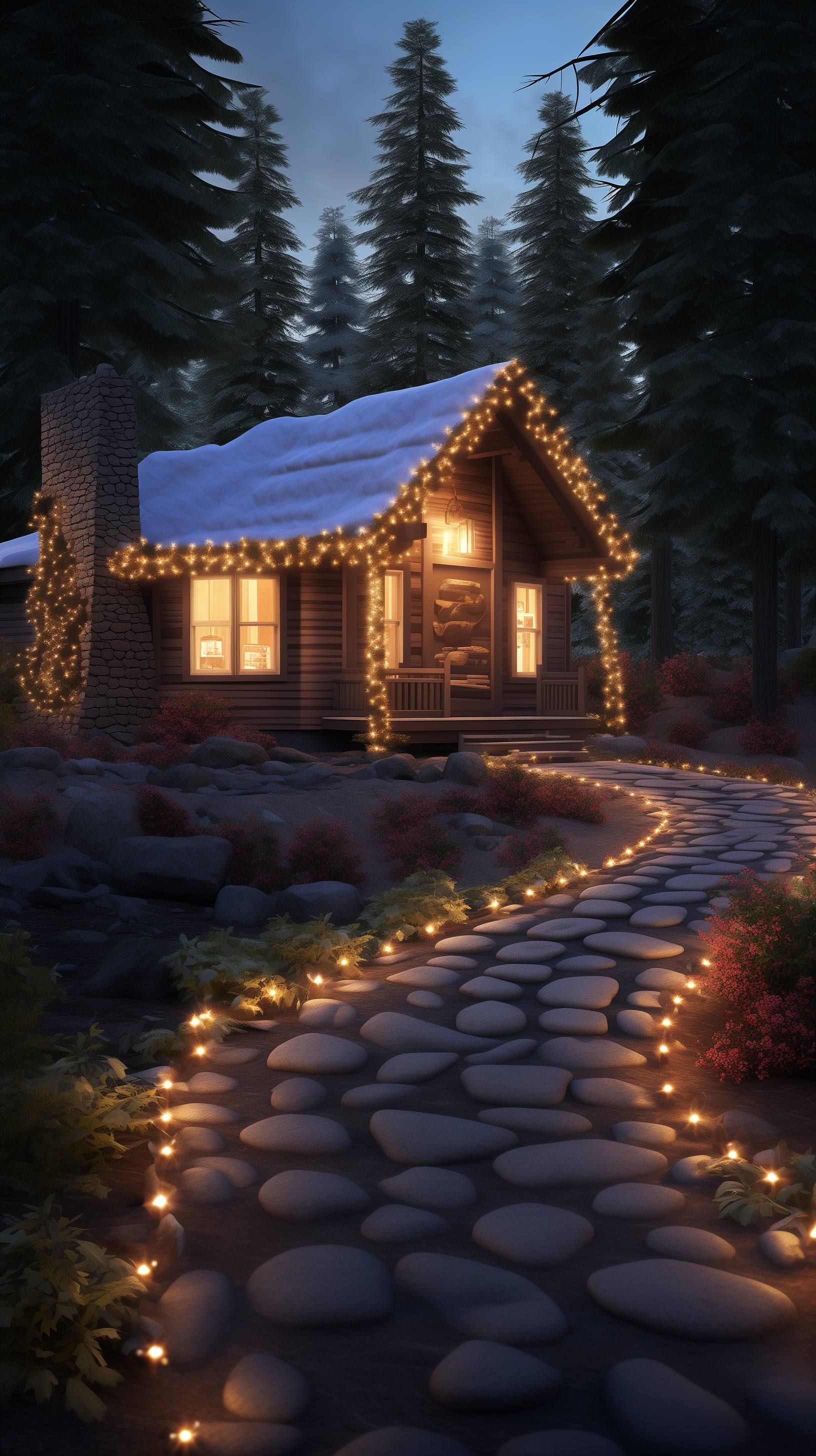 A cozy cabin adorned with Christmas lights sits amidst towering pine trees, with a stone pathway illuminated by warm lights, creating a festive holiday atmosphere.