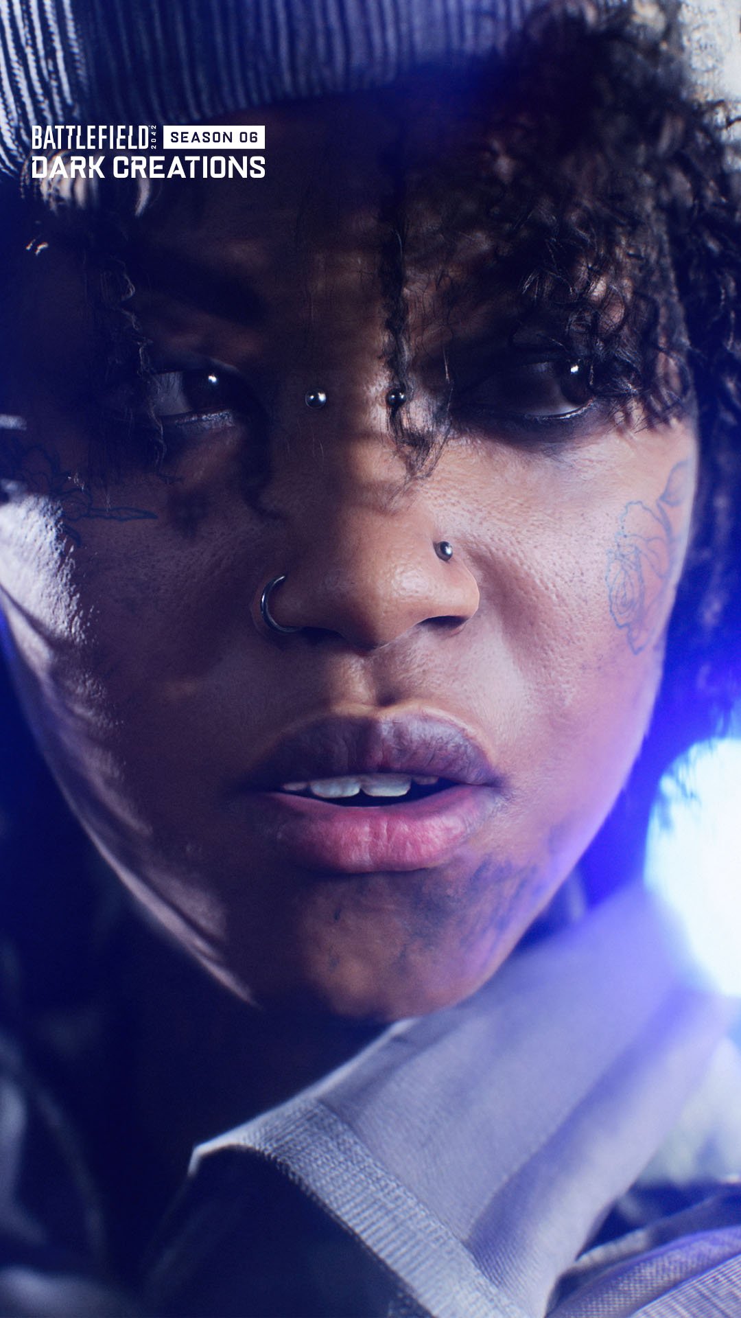 Battlefield 2042 themed phone wallpaper featuring a close-up of a game character with intense gaze.