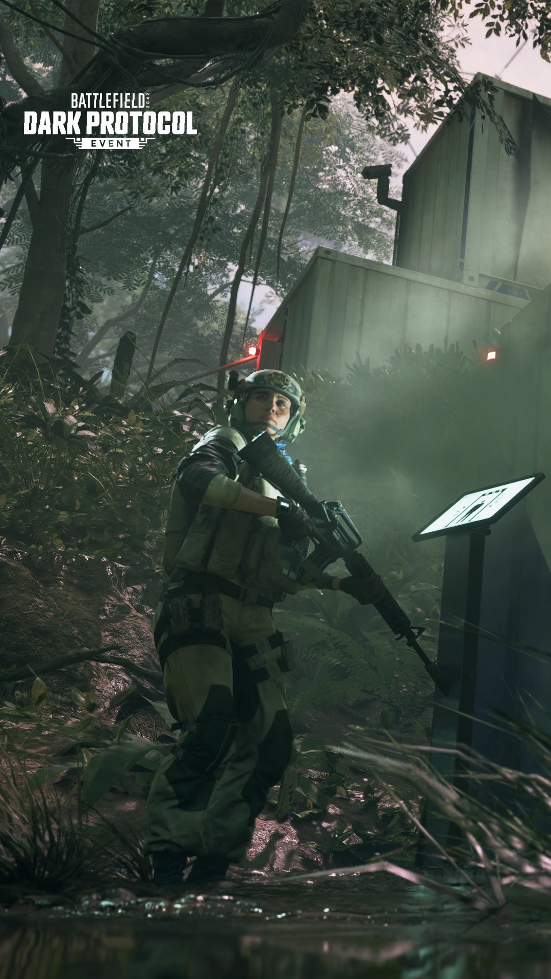 Battlefield 2042 Dark Protocol themed phone wallpaper featuring a soldier in gear ready for combat amidst a foggy forest setting.