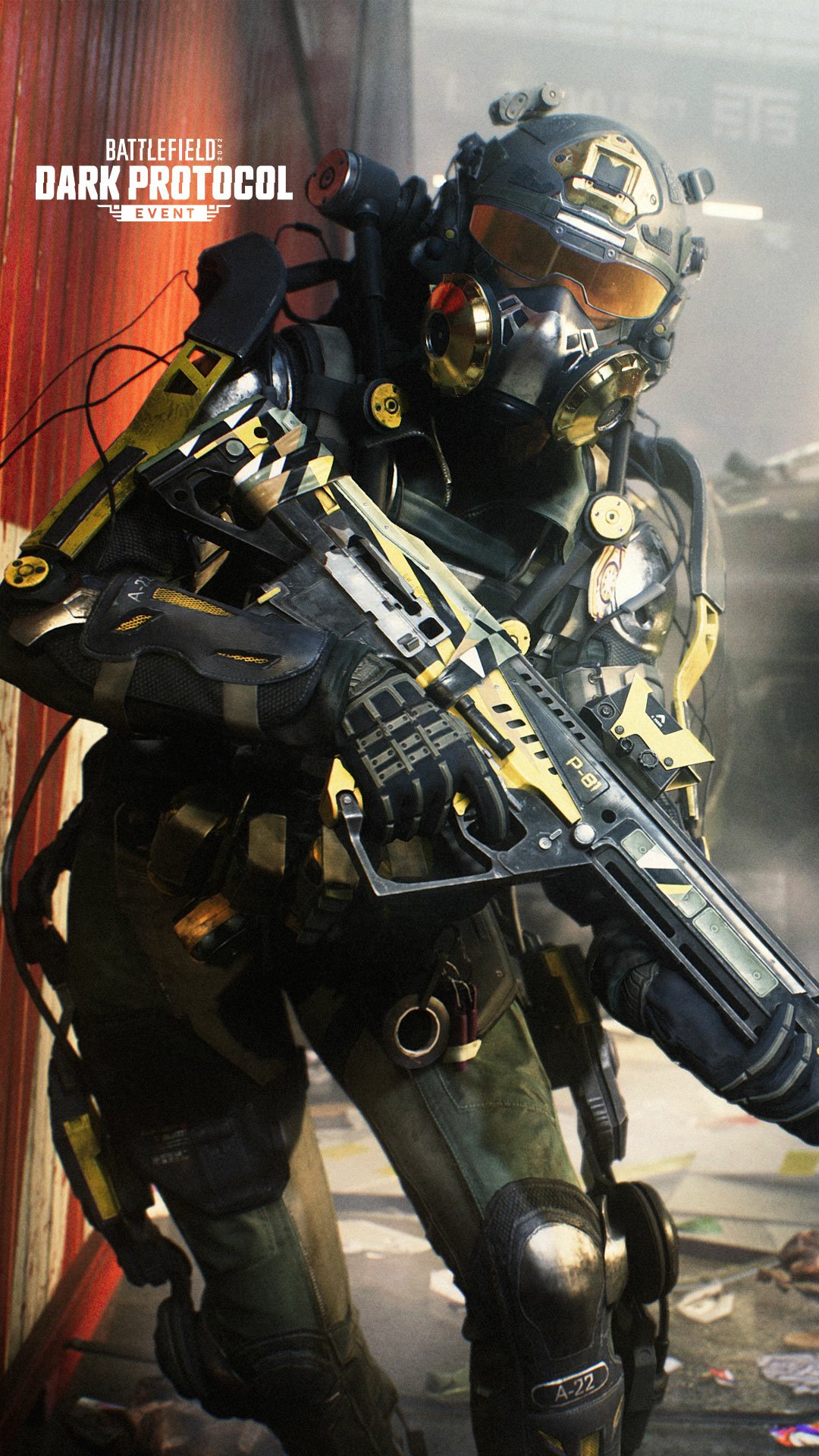 Phone wallpaper featuring a Battlefield 2042 Dark Protocol soldier in tactical gear with a futuristic weapon ready for action.