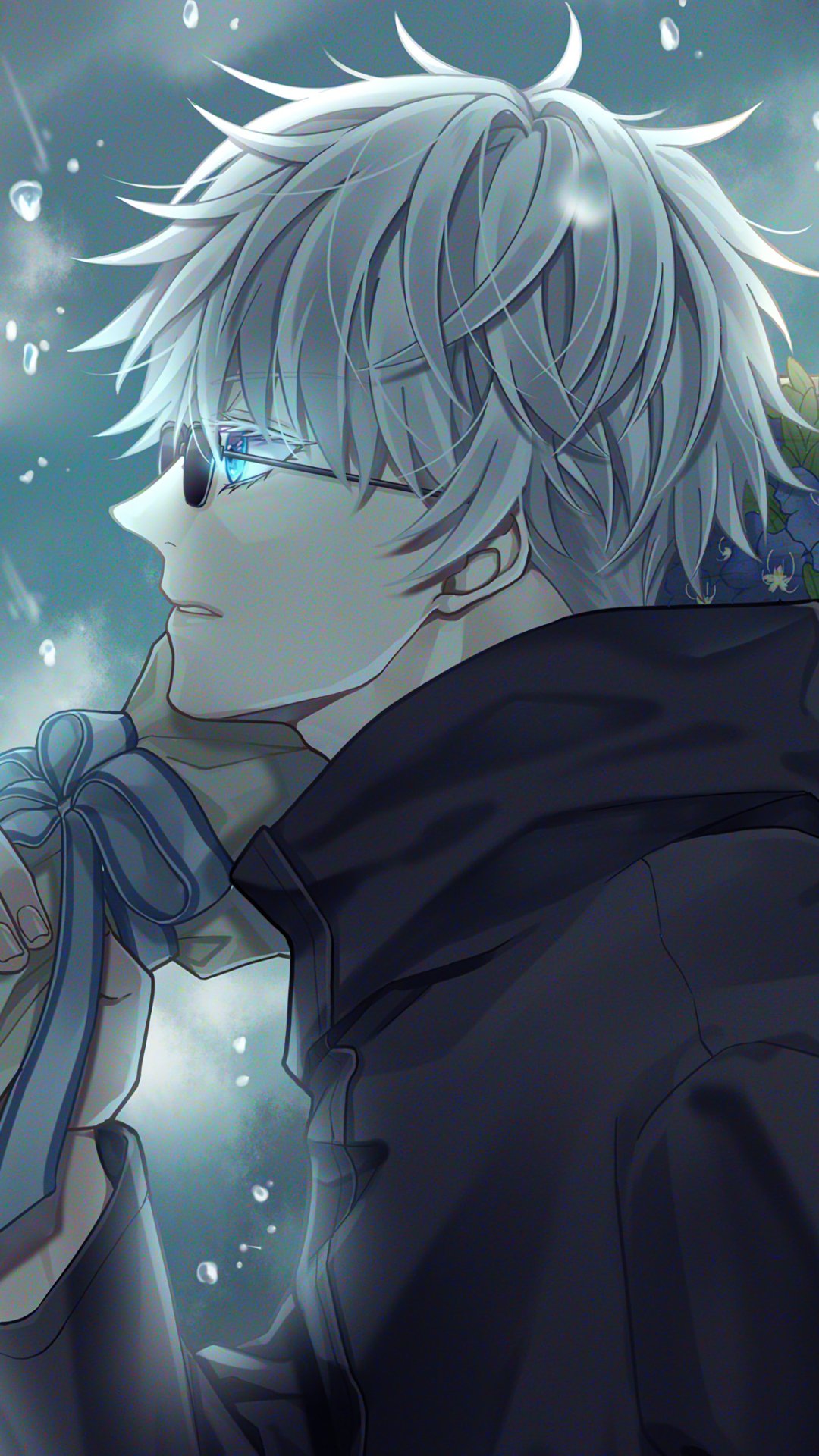 Anime phone wallpaper of Satoru Gojo from Jujutsu Kaisen, featuring a close-up profile with glowing blue eyes and silver hair against a moody background, compatible with iPhones and Android.