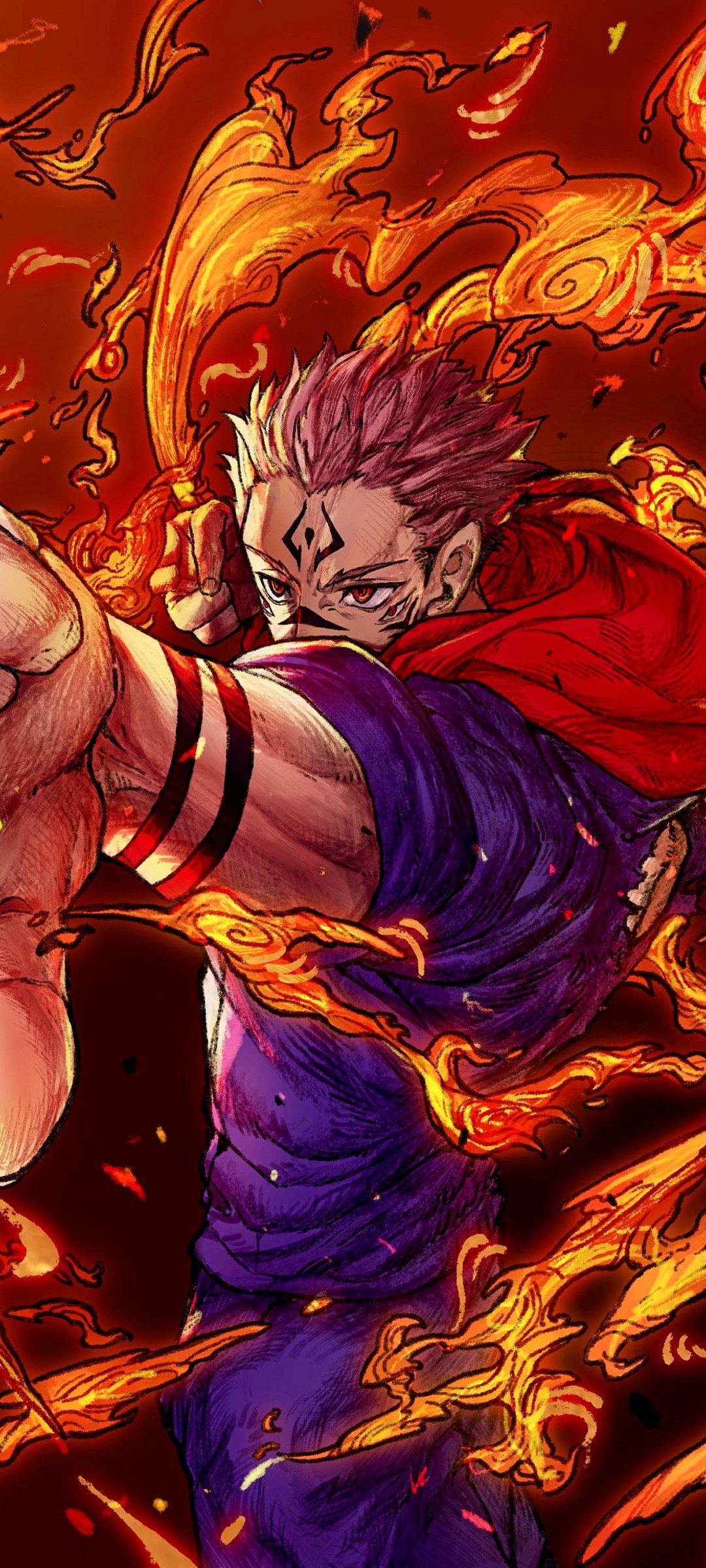 Phone wallpaper featuring Sukuna from Jujutsu Kaisen in dynamic pose surrounded by fiery orange flames, designed for iPhone and Android devices.