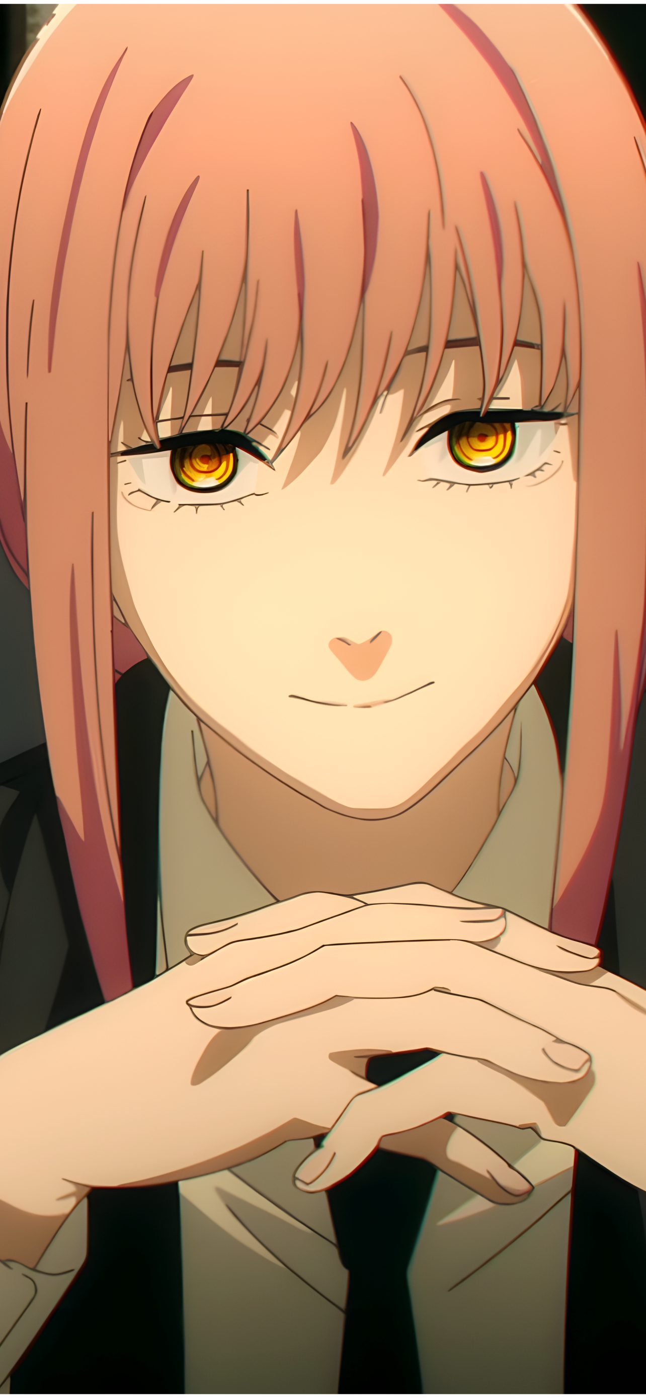 Phone wallpaper featuring Makima from the anime Chainsaw Man, with her signature orange hair and intense golden eyes, designed for iPhones and Android devices.