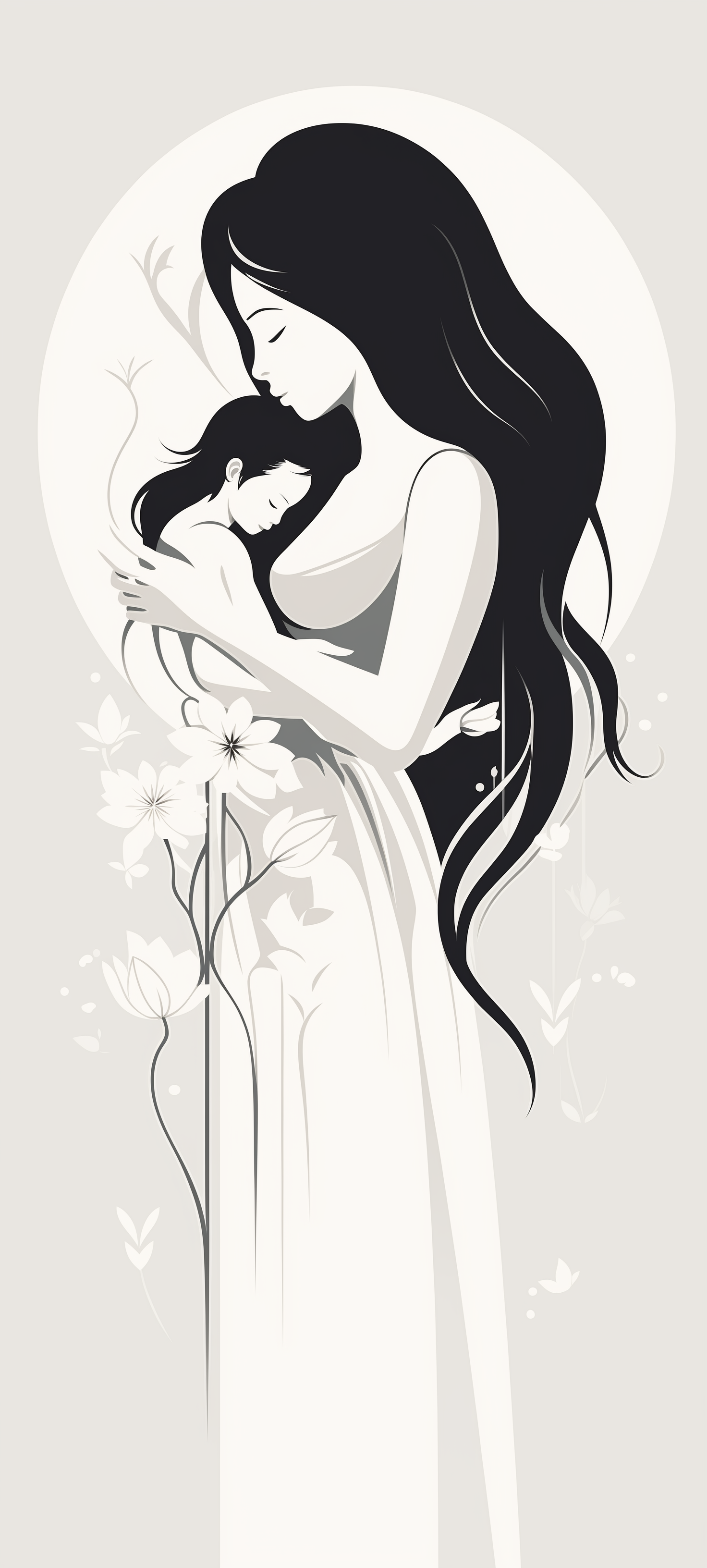 A serene black-and-white illustration of a mother holding her child amidst delicate flowers, capturing the essence of love for Mother's Day as a phone wallpaper.