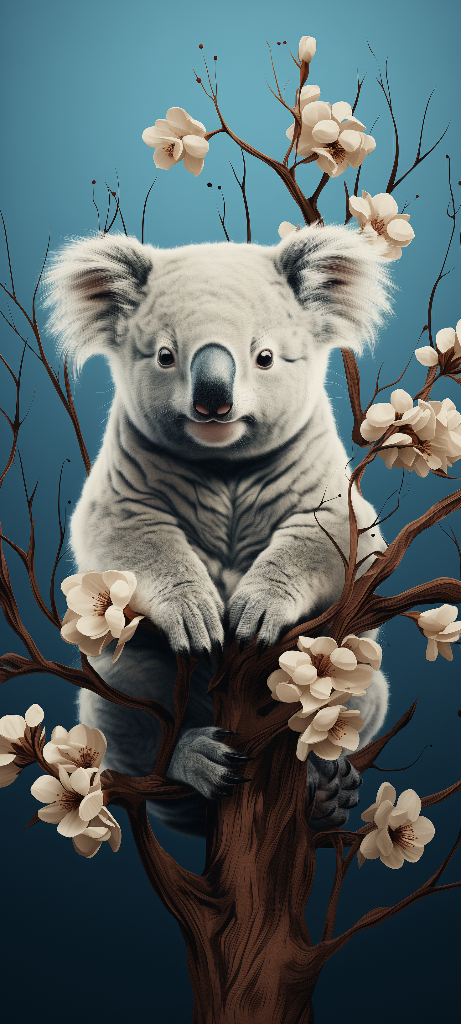 A charming koala perches on a flowering tree, set against a tranquil blue background, making this a delightful phone wallpaper for animal lovers.