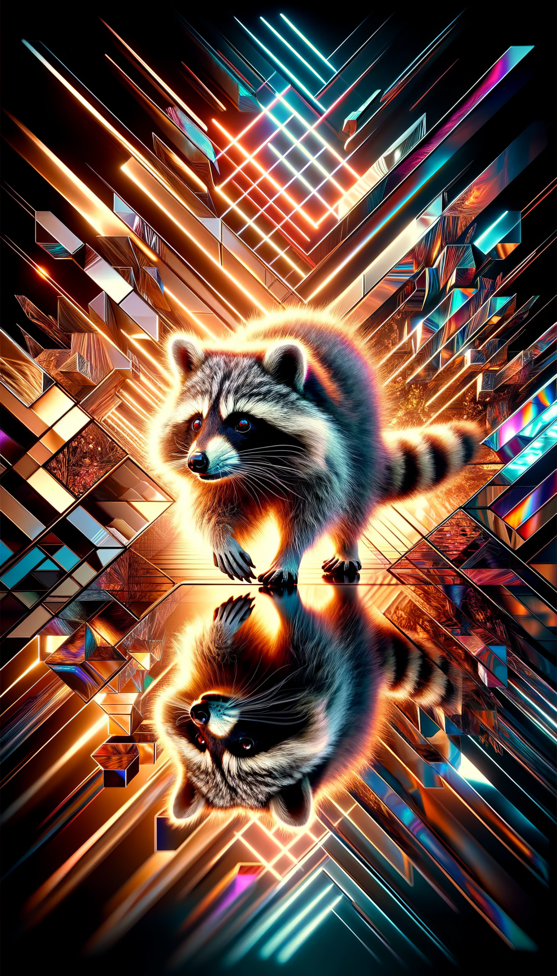 Dynamic abstract art phone wallpaper featuring a raccoon with vivid neon light effects