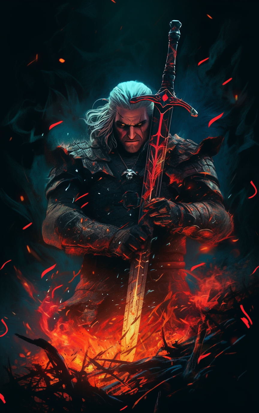 Phone wallpaper featuring Geralt of Rivia from The Witcher 3: Wild Hunt, depicted in dark armor holding a glowing sword amid fiery embers, in a striking AI art style.