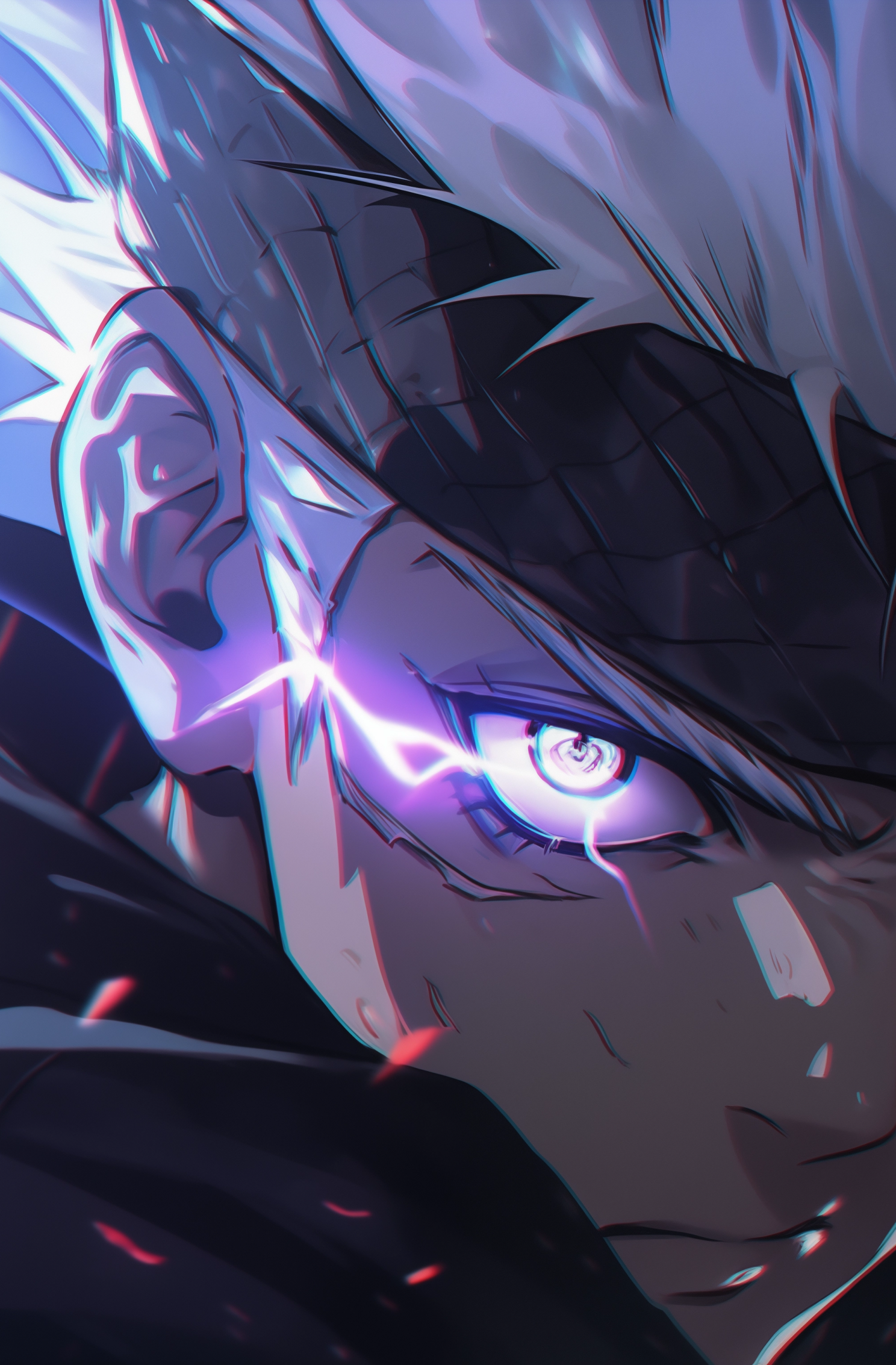 Close-up anime artwork of Satoru Gojo from Jujutsu Kaisen, featuring his glowing eye and electric energy, designed as a dynamic phone wallpaper for iPhone and Android.