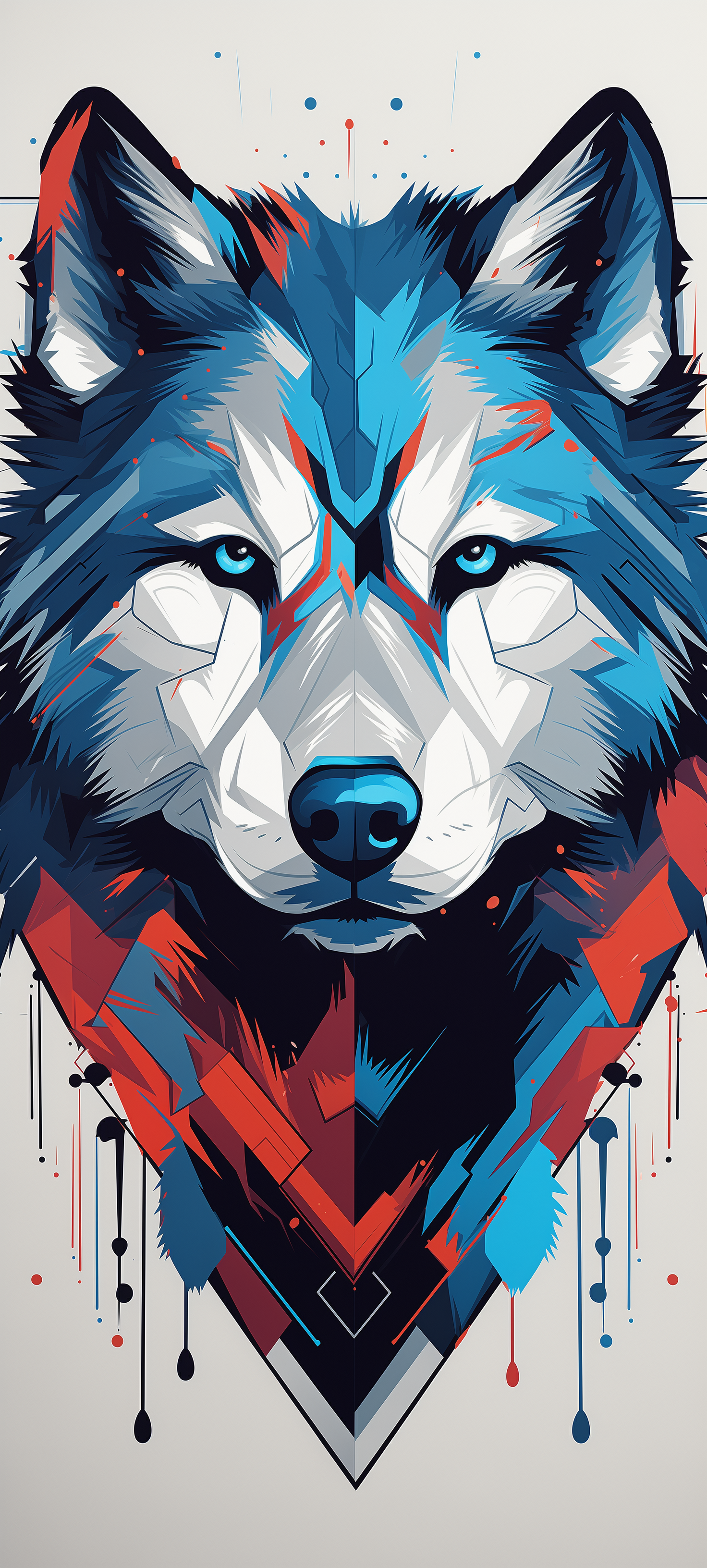A striking digital wallpaper featuring a husky's face, rendered in bold blue, red, and white geometric shapes, showcasing the dog's intensity and beauty.