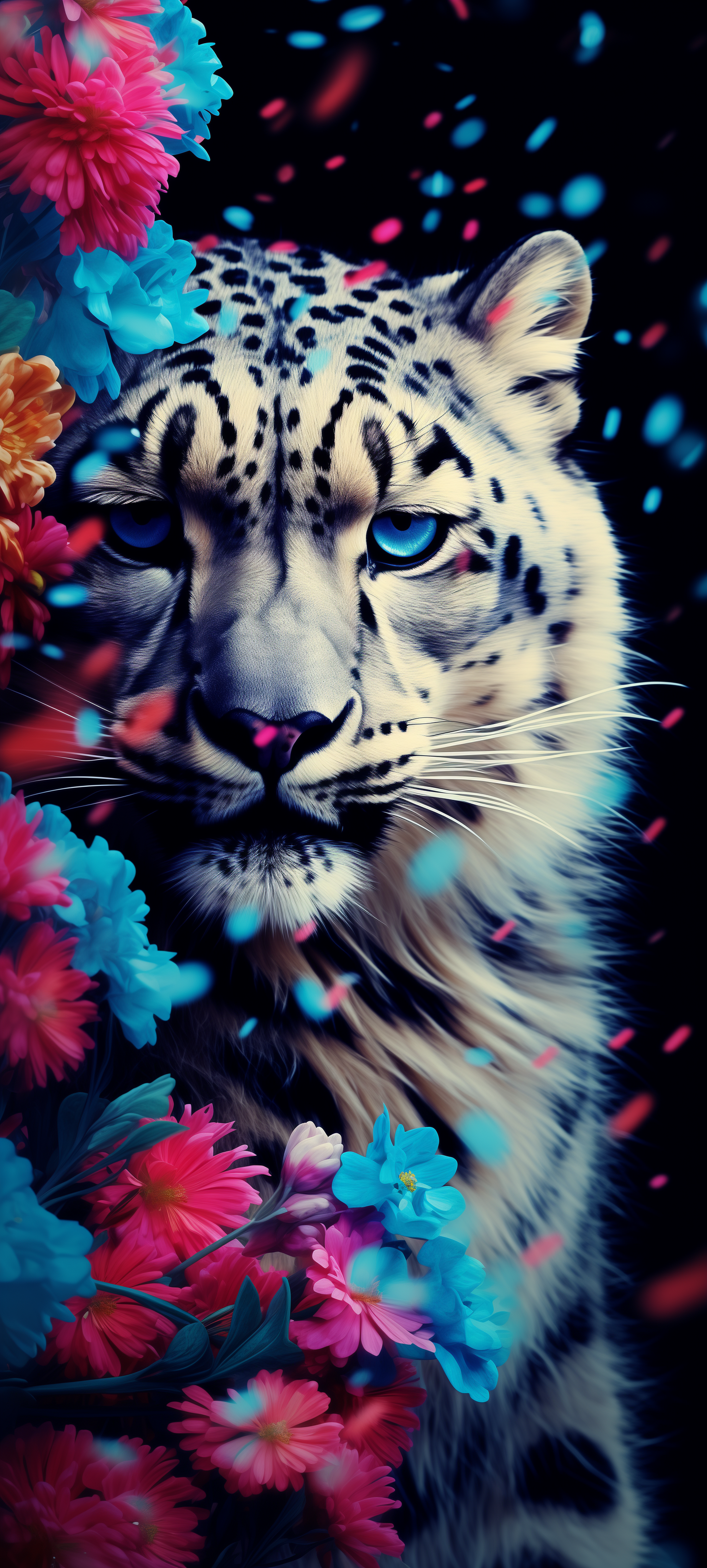 Artistic phone wallpaper featuring the intense gaze of a snow leopard surrounded by vibrant pink and blue flowers.