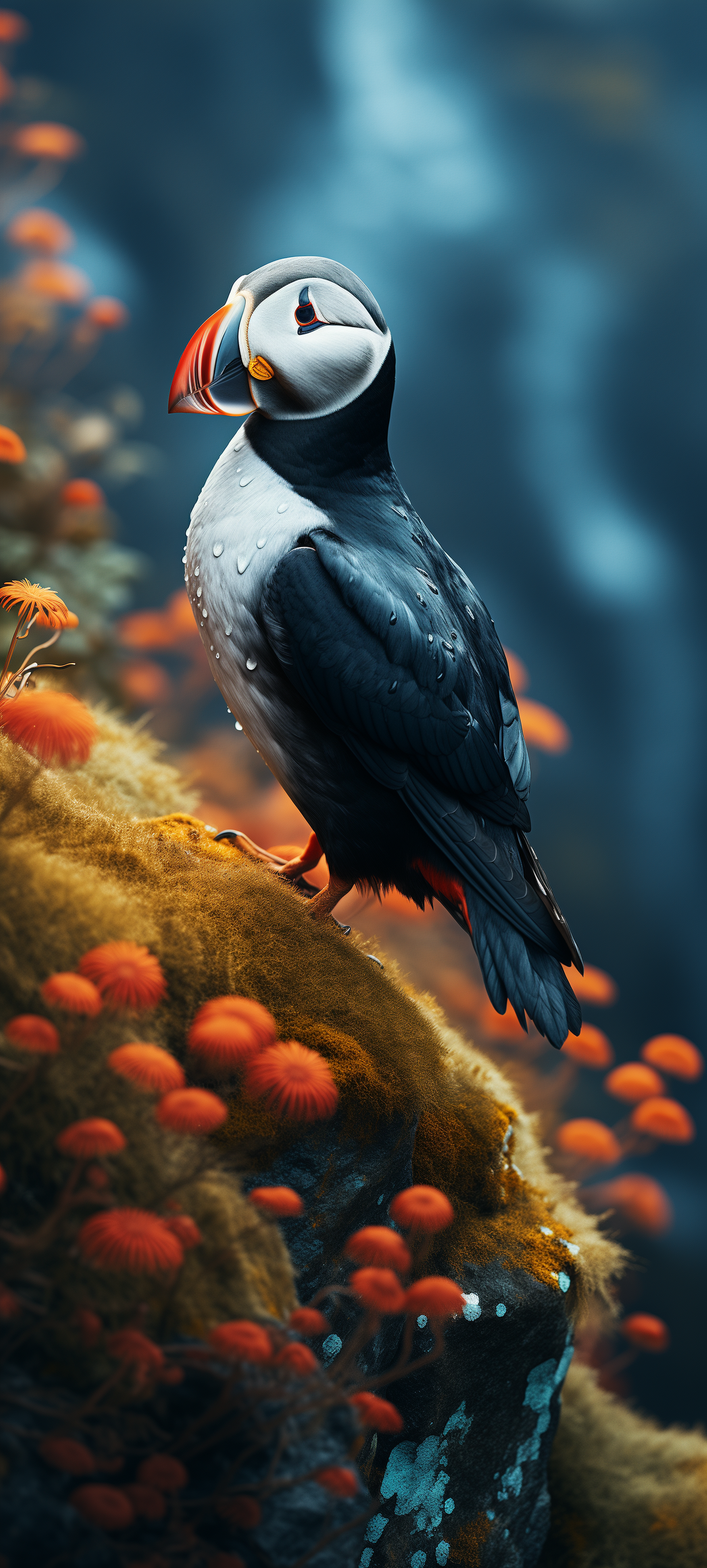 A vibrant puffin perches on a moss-covered rock, surrounded by orange mushrooms, against a misty backdrop. This captivating bird image makes an eye-catching phone wallpaper.