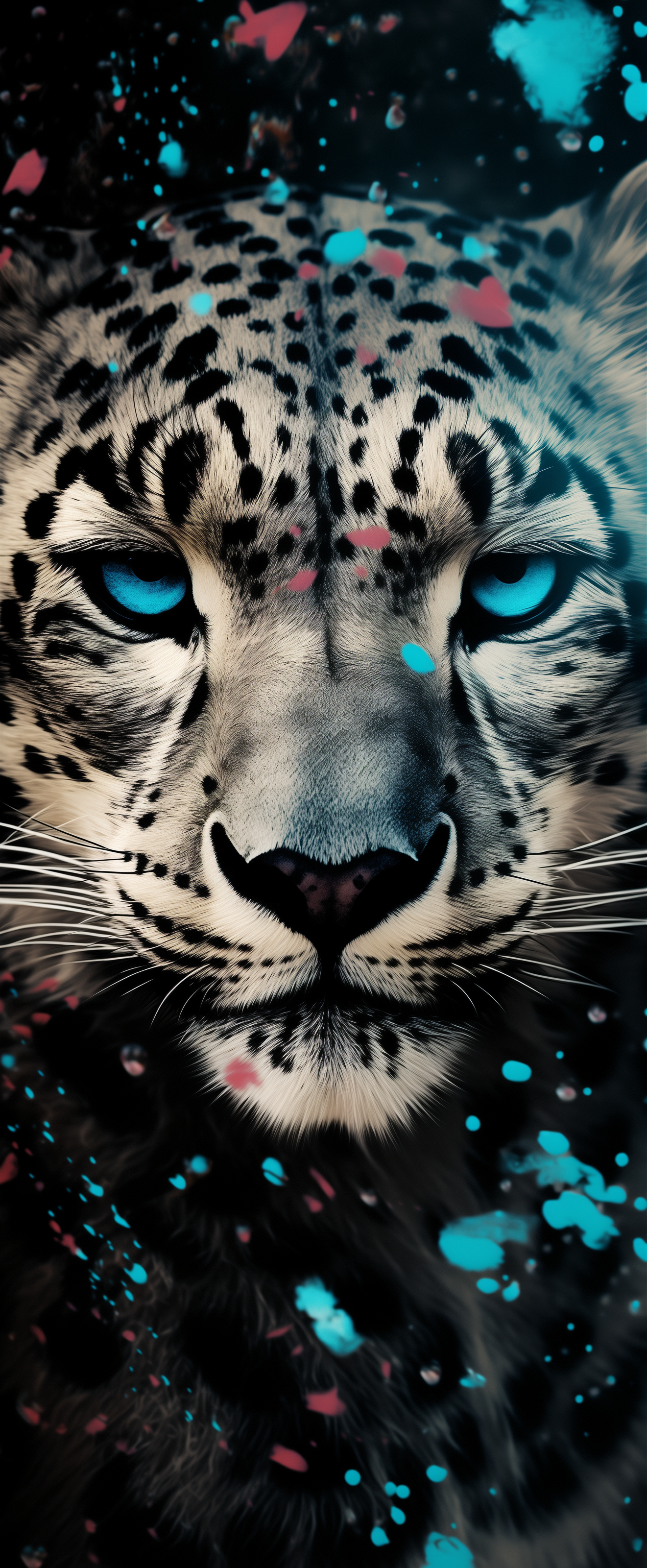 Snow leopard phone wallpaper with striking blue eyes and abstract colorful accents.