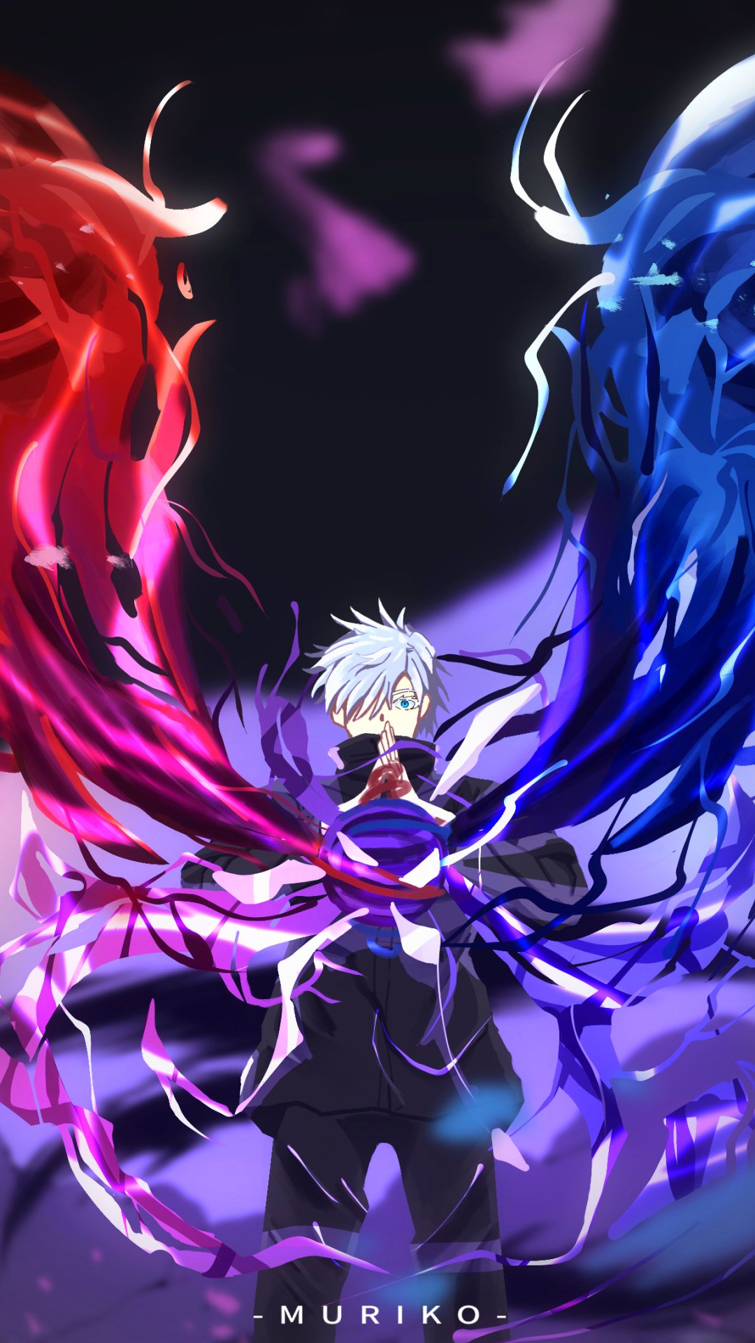 Phone wallpaper featuring Satoru Gojo from Jujutsu Kaisen, showcasing dynamic red and blue energy flows against a dark, vibrant anime-style background for iPhone and Android.
