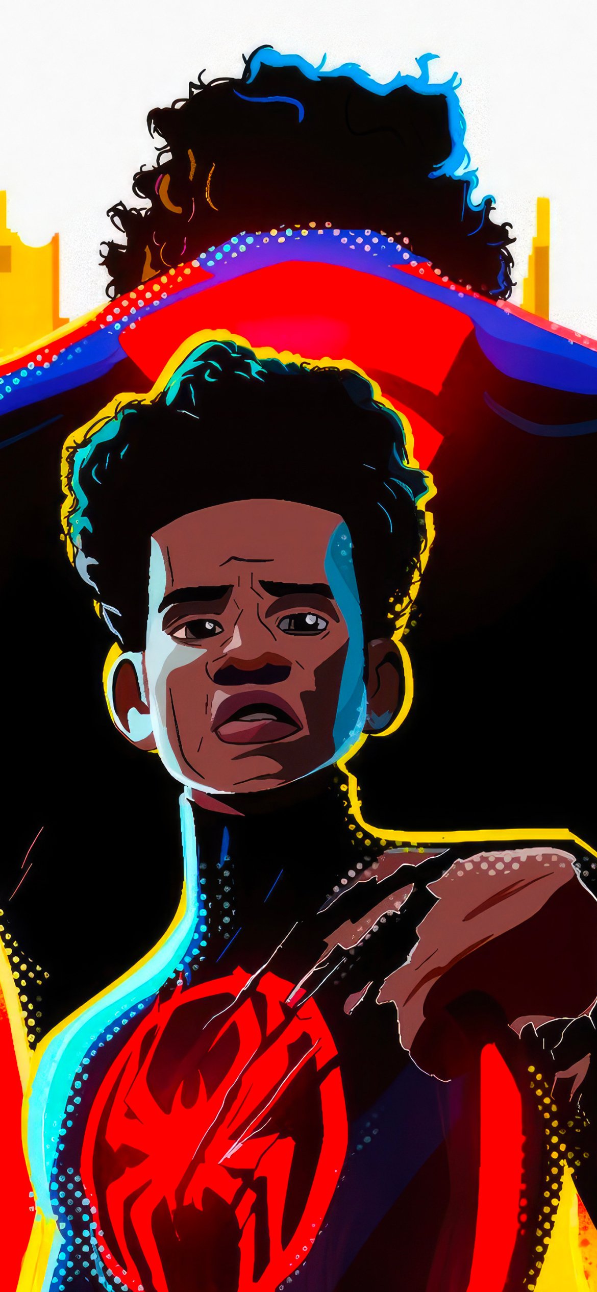 Phone wallpaper of Miles Morales from Spider-Man: Across the Spider-Verse: neon-lit portrait with glowing red spider emblem and larger silhouetted figure behind.