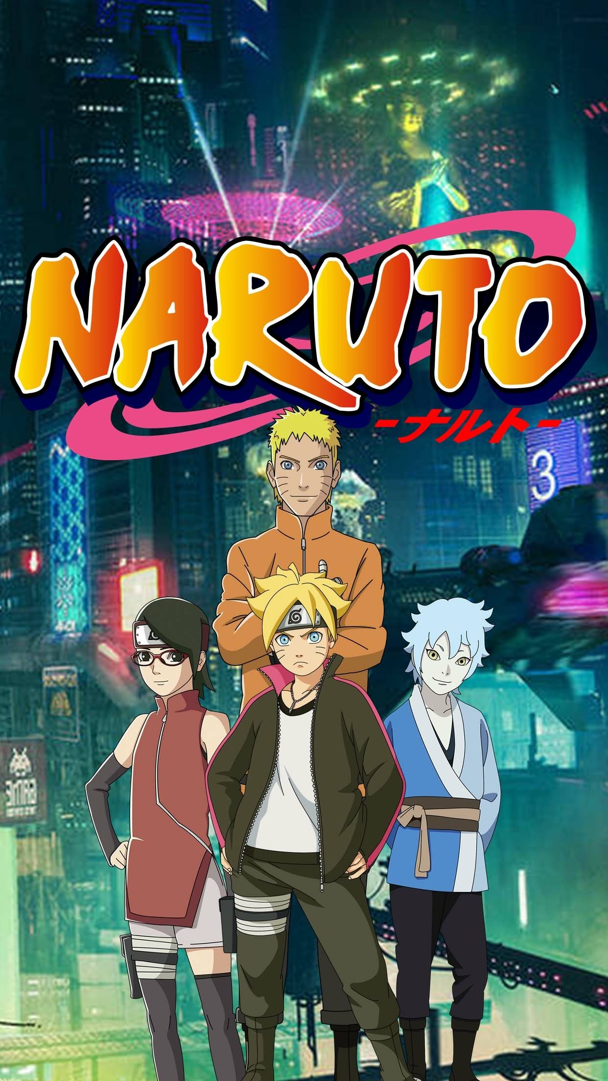 Phone wallpaper featuring Naruto characters against a neon-lit city backdrop, designed for display on iPhones and Android phones.