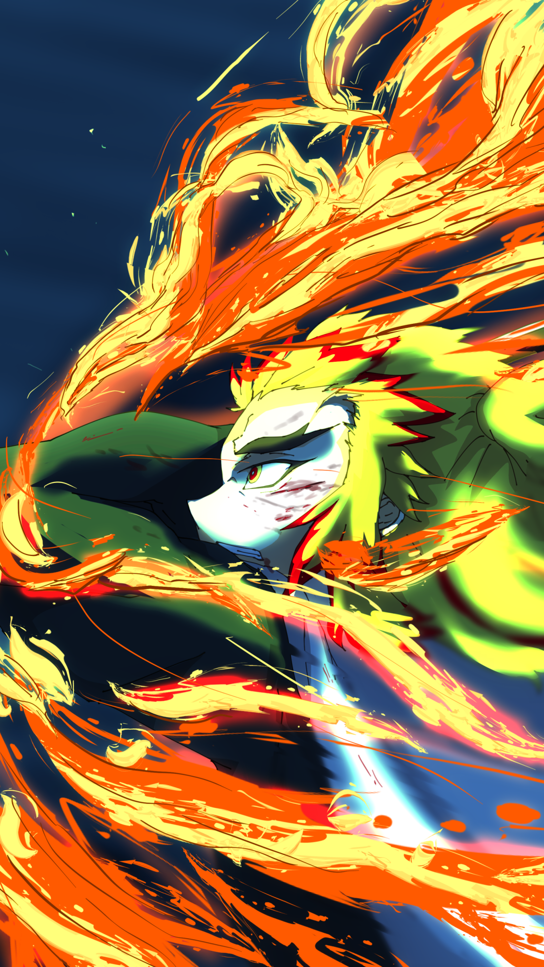 Phone wallpaper featuring Kyojuro Rengoku from Demon Slayer: Kimetsu no Yaiba, surrounded by dynamic swirling flames in vivid anime style. Compatible with iPhone and Android screens.