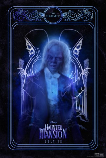 Haunted Mansion themed phone wallpaper featuring eerie ghostly figure and intricate blue designs.