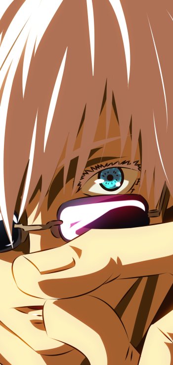 Close-up anime-style phone wallpaper from Jujutsu Kaisen featuring a character with light brown hair and striking blue eyes, designed for both iPhone and Android screens.