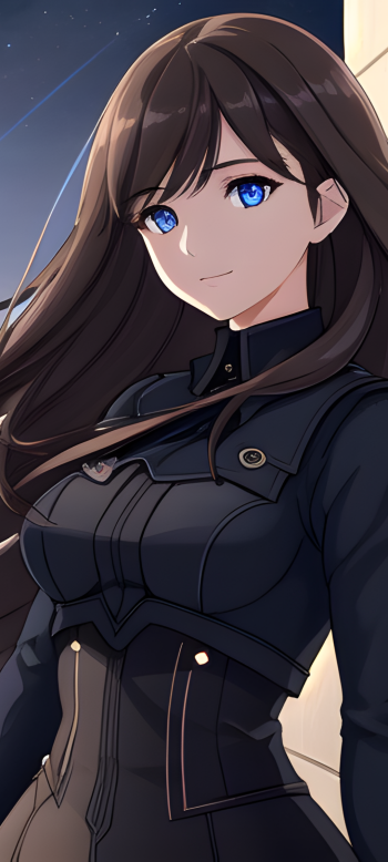 Vertical AI art anime girl phone wallpaper: confident young woman with long dark hair and striking blue eyes in a fitted black jacket, framed by a softly glowing starry night sky.