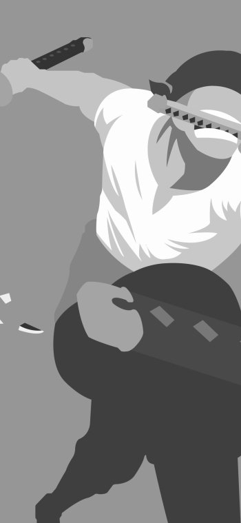 Minimalist grayscale One Piece anime design featuring a dynamic character pose, styled as a smartphone wallpaper for both iPhone and Android devices.