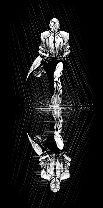 Stylized monochrome artwork of a figure for WipEout Omega Collection phone wallpaper with reflection effect.