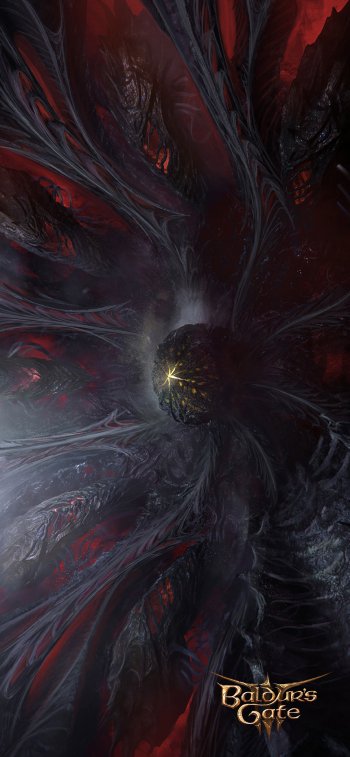 Baldur's Gate 3 themed phone wallpaper featuring mystical dark tendrils and mysterious glowing orb.