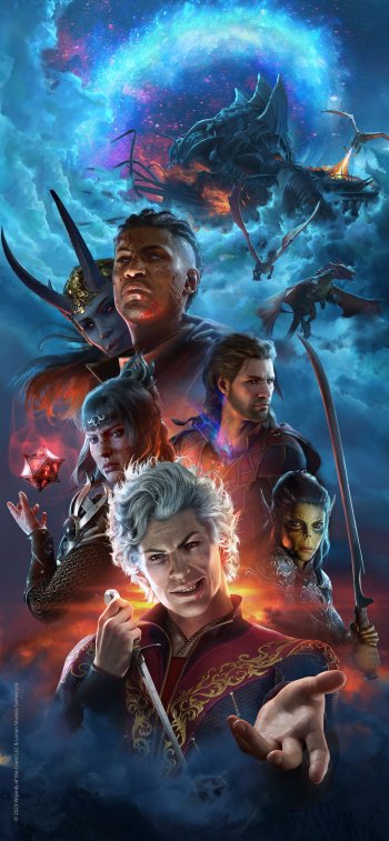 Baldur's Gate 3 themed phone wallpaper featuring an artistic portrayal of key characters and mystical creatures against an ethereal cosmic backdrop.