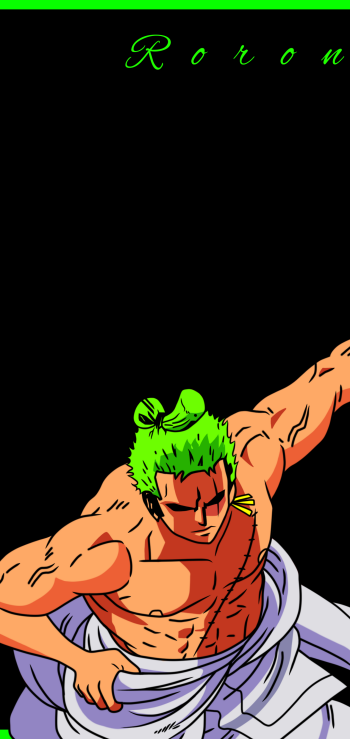 Phone wallpaper (iPhone/Android): One Piece's Roronoa Zoro with green hair, shirtless and wrapped in white cloth, striking a dynamic arm pose on a black background with neon green accents and Roron text.