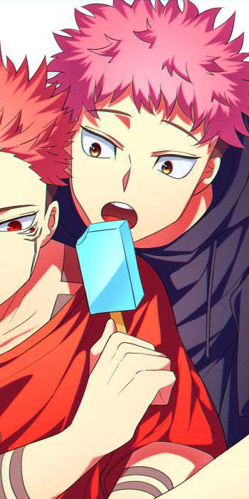 Anime Jujutsu Kaisen phone wallpaper: close-up of two characters, pink-haired youth eating a blue popsicle, warm tones and a playful expression.