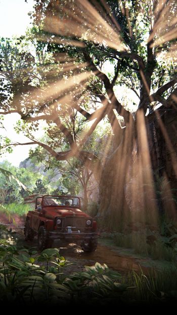 Uncharted: The Lost Legacy-themed phone wallpaper featuring a red 4x4 vehicle in a lush jungle with sun rays beaming through the trees.