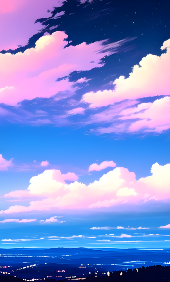 Anime landscape phone wallpaper: pastel sunset clouds blending into starry twilight above distant city lights and rolling hills.