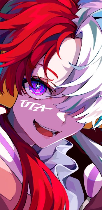 Vibrant One Piece anime character with striking red and white hair and glowing purple eyes on a dynamic phone wallpaper for iPhone and Android devices.