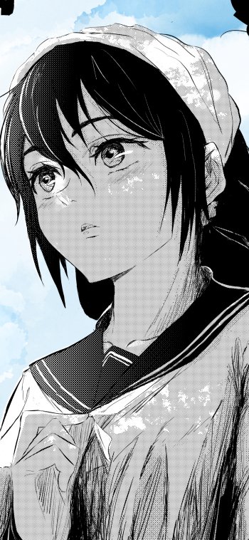 Anime Jujutsu Kaisen phone wallpaper — black-and-white manga portrait of a thoughtful schoolgirl wearing a headscarf against a pale blue sky; sized for iPhone and Android phones.