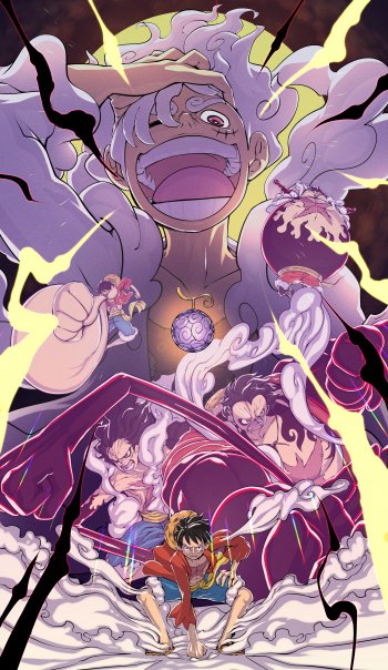 Phone wallpaper featuring Monkey D. Luffy from One Piece in Gear 5 and Gear Fourth forms, showcasing dynamic anime action and vibrant colors for iPhone and Android screens.