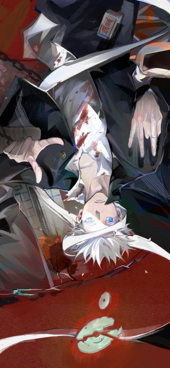 Anime-style Jujutsu Kaisen phone wallpaper featuring a white-haired character with bloodstained clothing and intense blue eyes, designed for iPhone and Android displays.