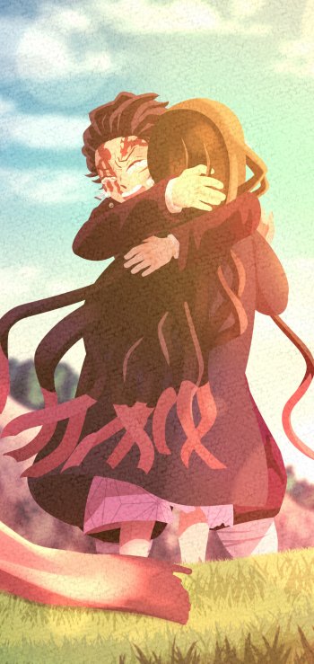 Anime phone wallpaper of Tanjiro and Nezuko (Demon Slayer: Kimetsu no Yaiba) embracing in a sunlit grassy field, vertical layout for iPhone and Android screens.
