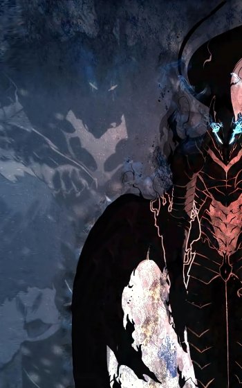 Anime-style Solo Leveling phone wallpaper featuring Igris in dark armor against a textured blue-gray background, designed for both iPhone and Android screens.