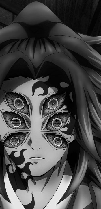 Black-and-white Anime wallpaper featuring a multi-eyed character from Demon Slayer: Kimetsu no Yaiba, designed for display on both iPhone and Android phones.