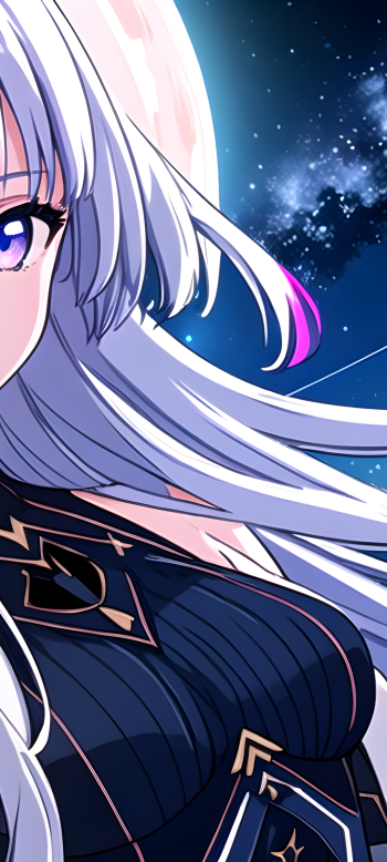 Phone wallpaper of an anime girl: close-up of a white-haired, purple-eyed girl in a dark, gold-trimmed outfit with the moon and starry space behind her.