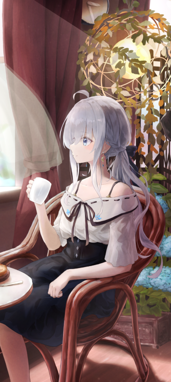 Phone wallpaper of Elaina from Wandering Witch: The Journey of Elaina — silver-haired witch in an off-shoulder blouse and dark skirt, seated by a sunlit window holding a teacup.
