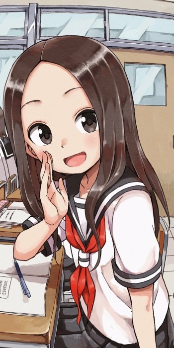 Anime phone wallpaper featuring Takagi from Teasing Master Takagi-san smiling and waving in a classroom, compatible with both iPhone and Android devices.